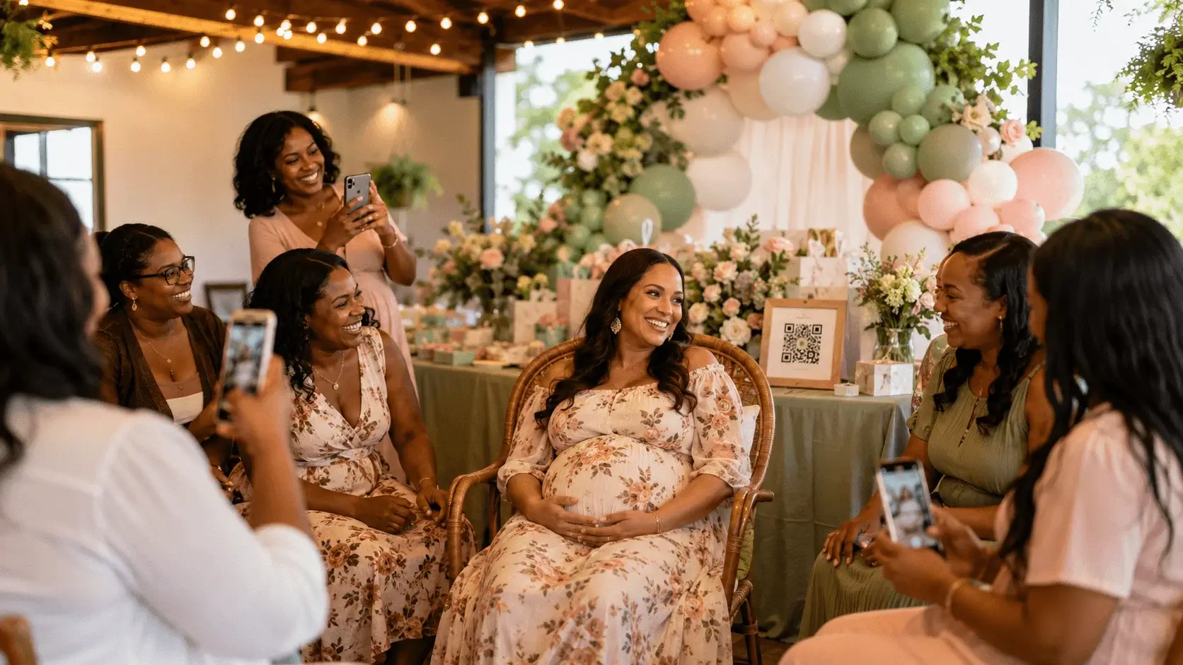 Baby shower guests sharing photos with a QR code