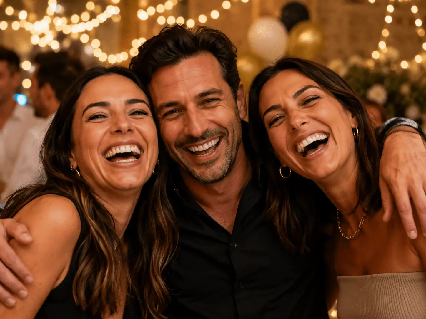 Friends laughing together at a birthday party